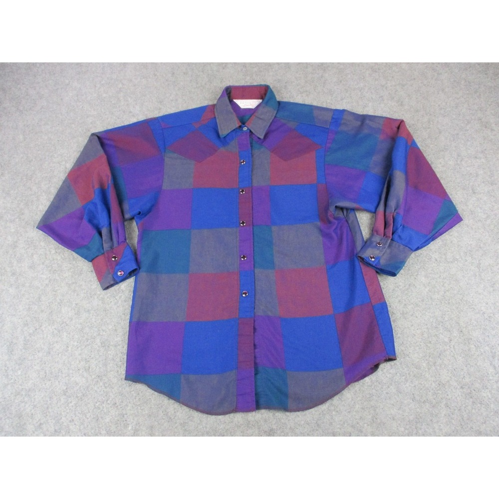 VINTAGE H Bar C Shirt Mens 34 Small Blue Red Plaid Western Pearl Snap Cowboy USA